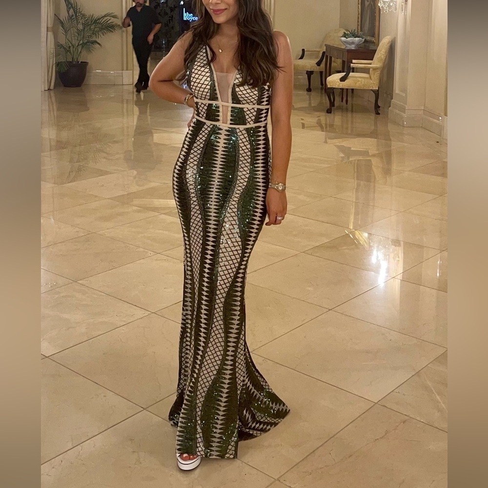 Nude Green Sequin Mesh V  Neck Gown